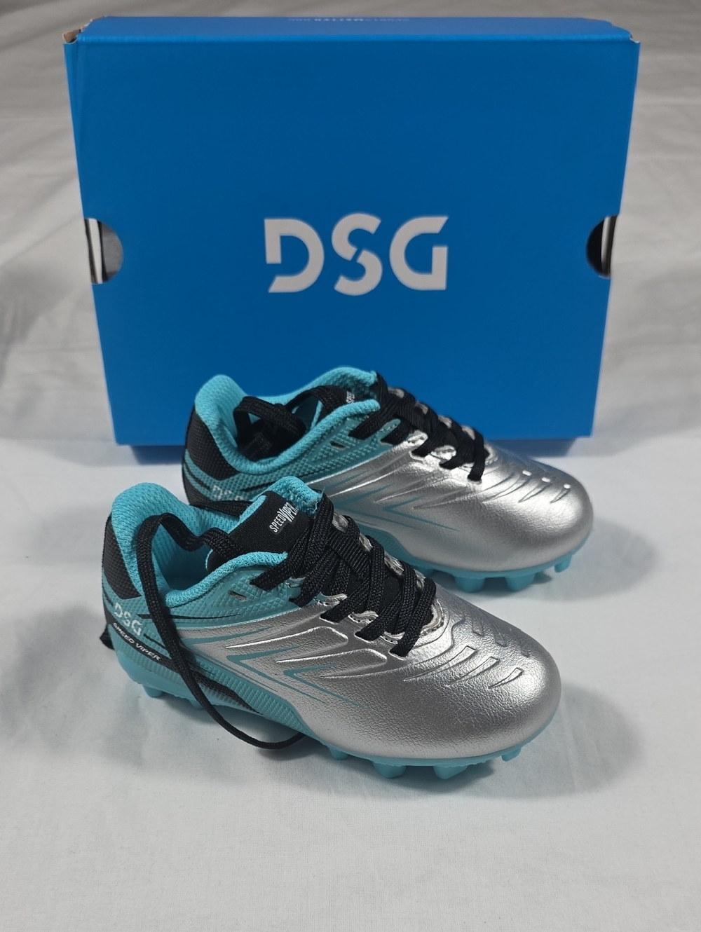 DSG Silver and Teal Kids Soccer Cleats